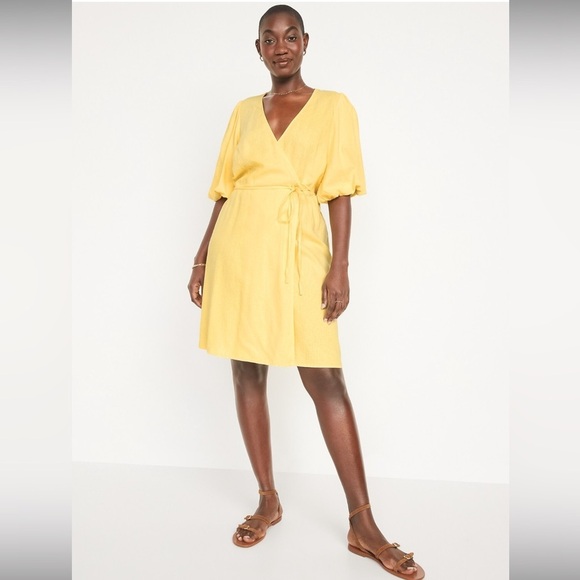 Old Navy Linen Waist Define Puff Sleeve Wrap Dress Morning Sun - Picture 7 of 15